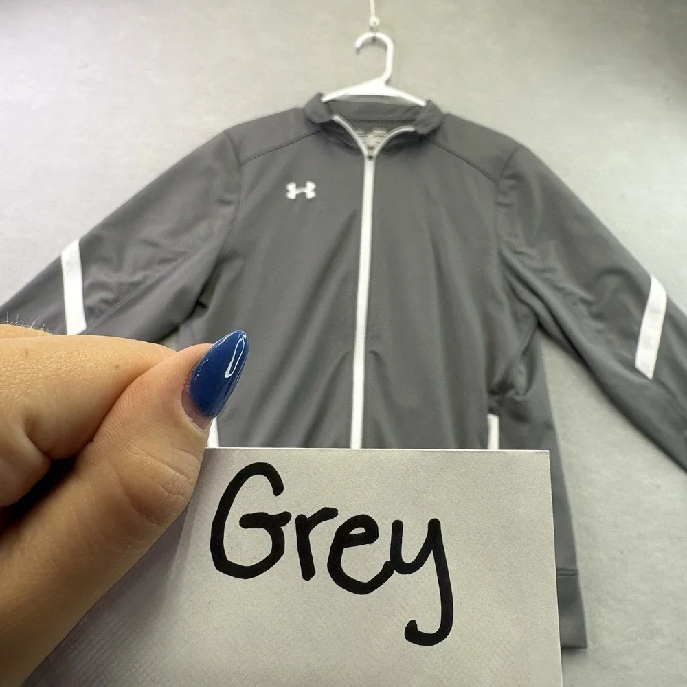 UNDER ARMOUR Gray Warm Up Jacket Medium Mens M Zip Up White Stripe